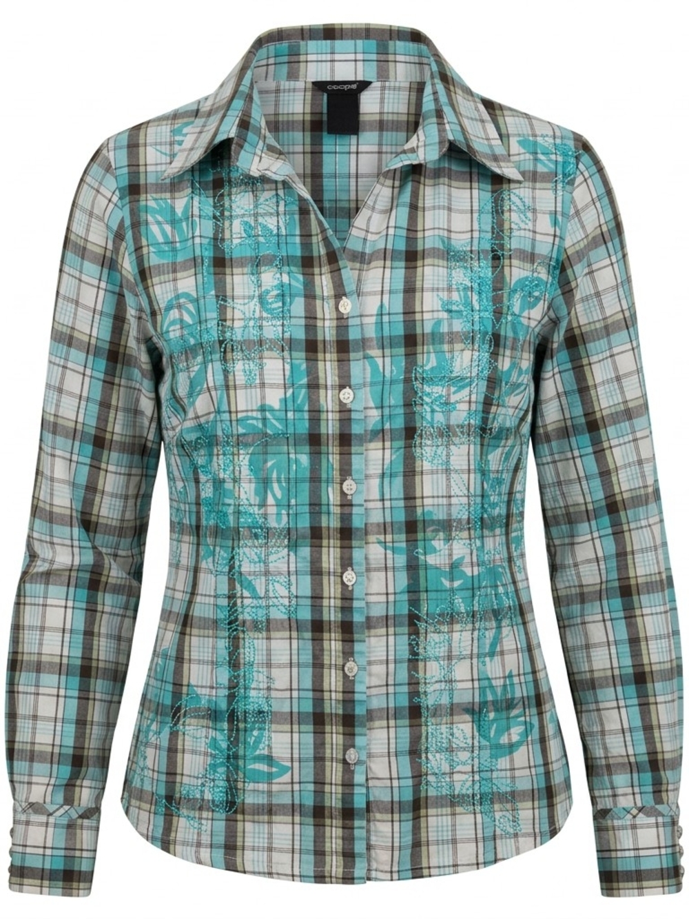 Plaid Button-Front Blouse in Teal and Gray - Coogi